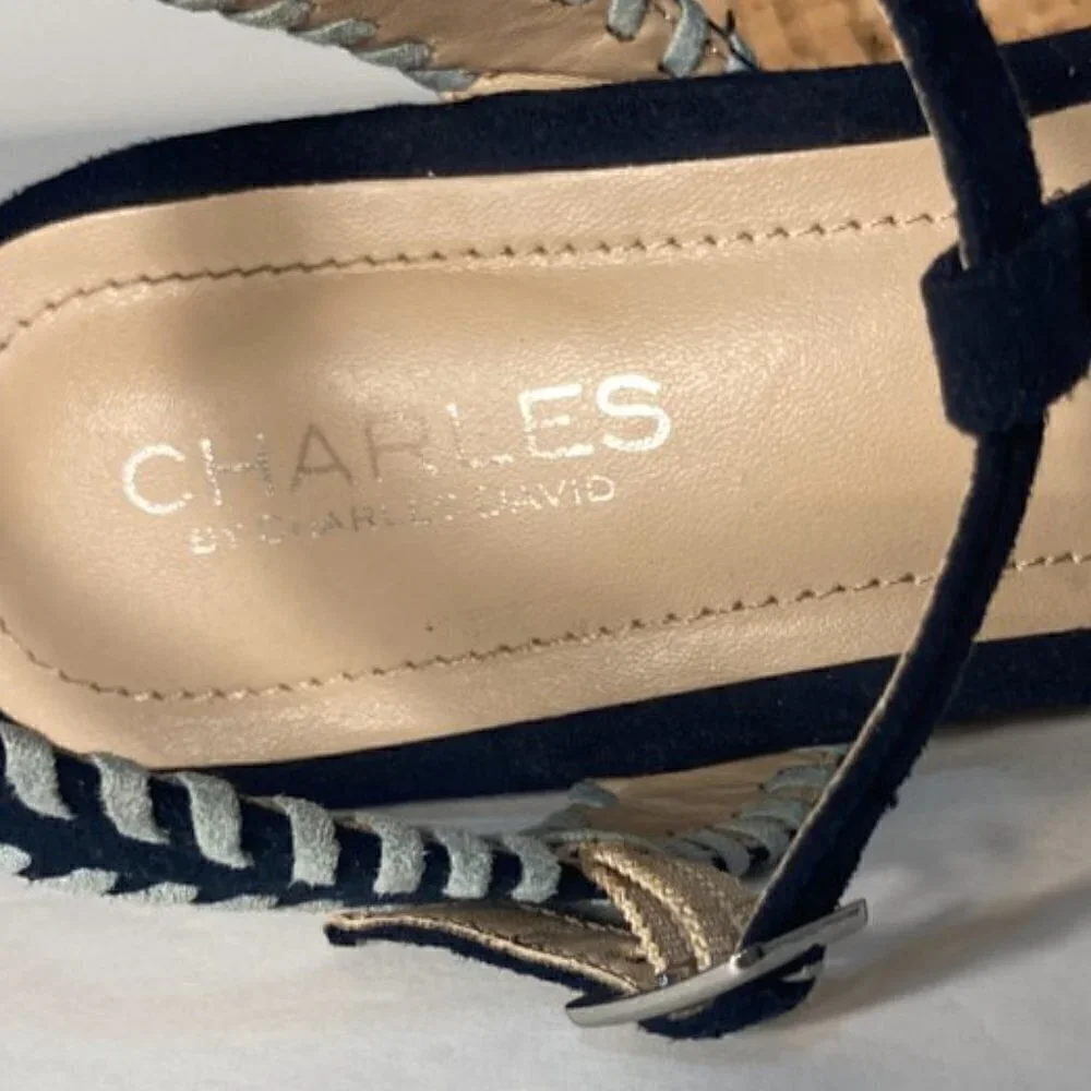 Charles David SZ 9.5 Denim Blue Suede Ankle T-Strap Cork Wedges